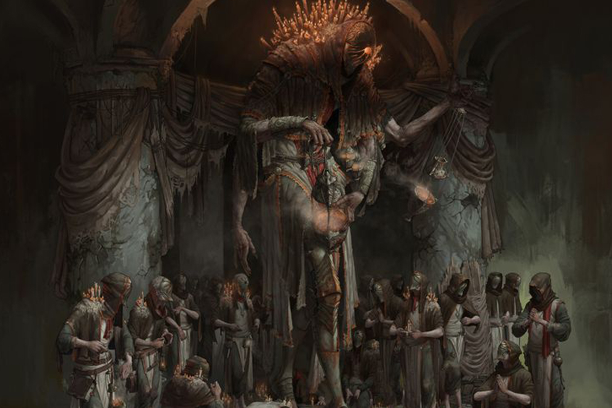 A dark cult gathering in a shadowed cathedral, worshippers kneeling before an otherworldly idol